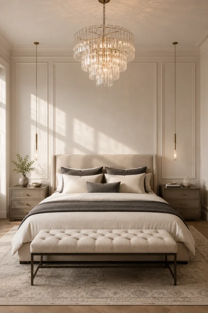 Neutral Bedroom With Crystal Chandelier