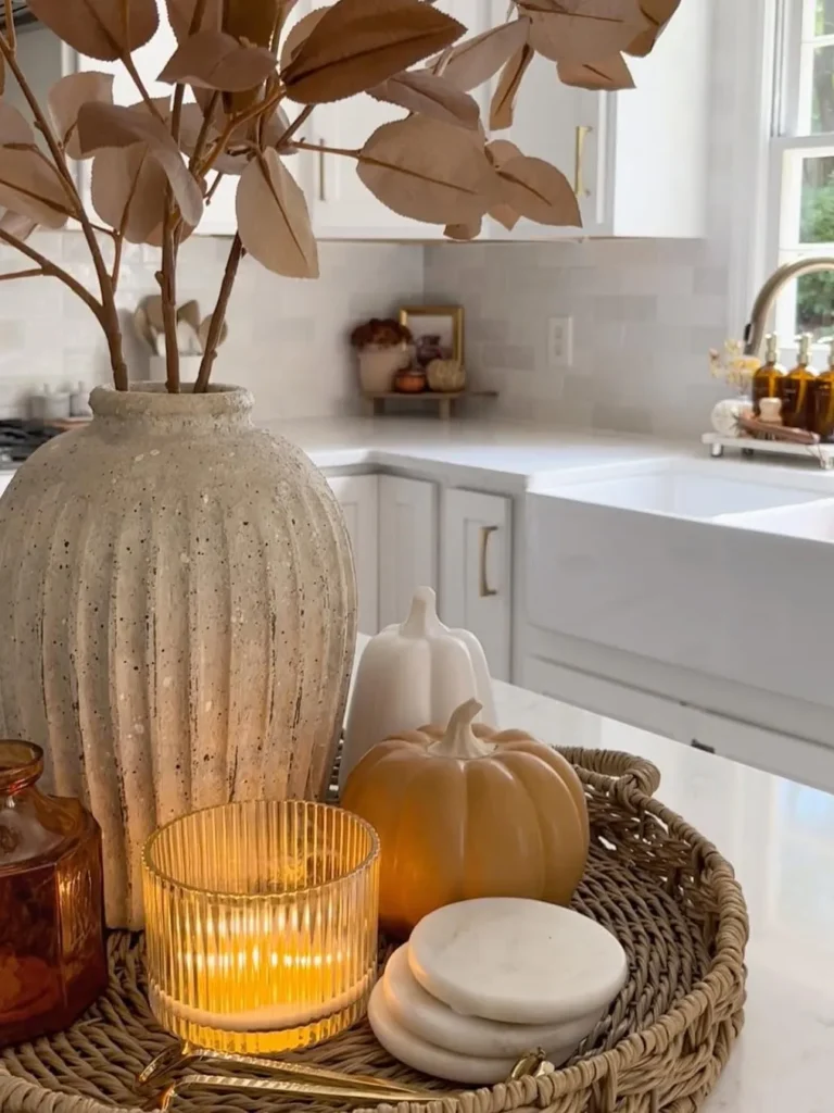 Neutral Fall Kitchen Decor With Pumpkins and Woven Accents