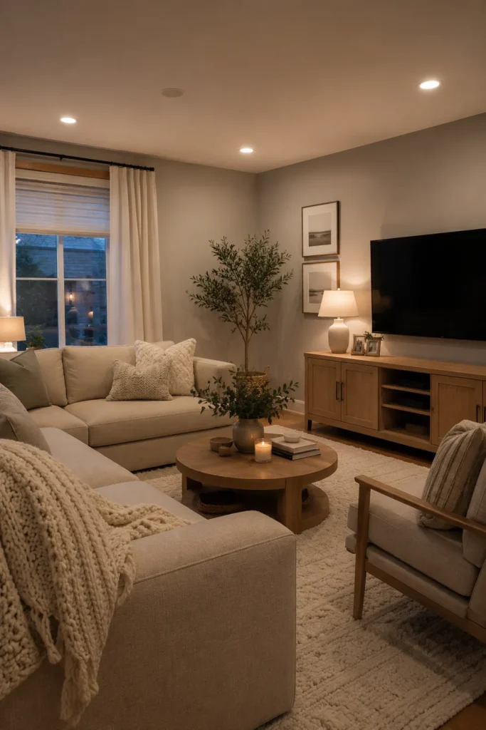 Neutral Family Room With Soft Evening Lighting