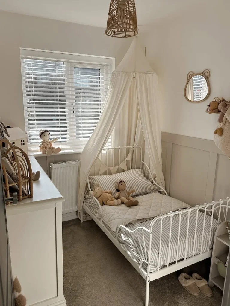 Neutral Kids Room With Canopy Bed Details