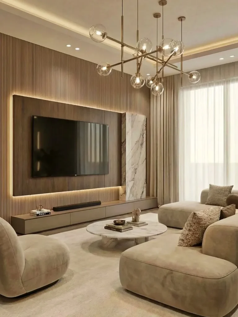 Neutral TV Wall With Marble and Wood Details