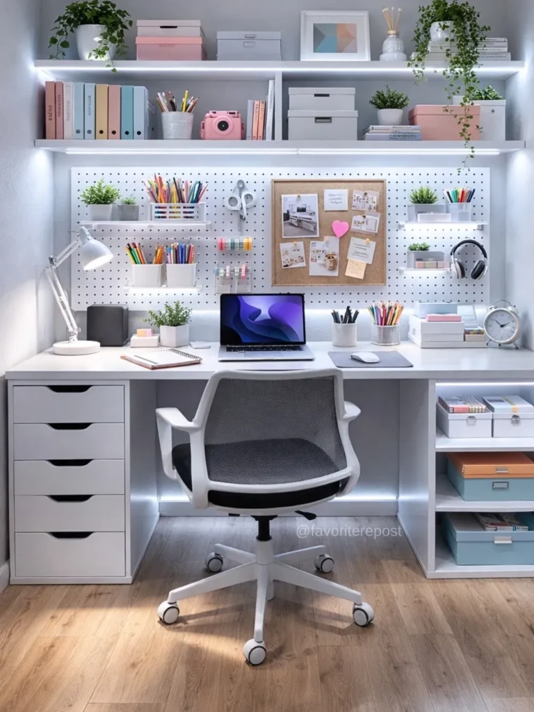 Organized Study Desk With Pegboard Wall Storage