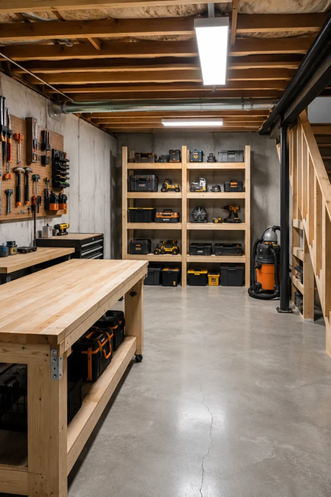 Organized Workshop Setup for an Unfinished Basement