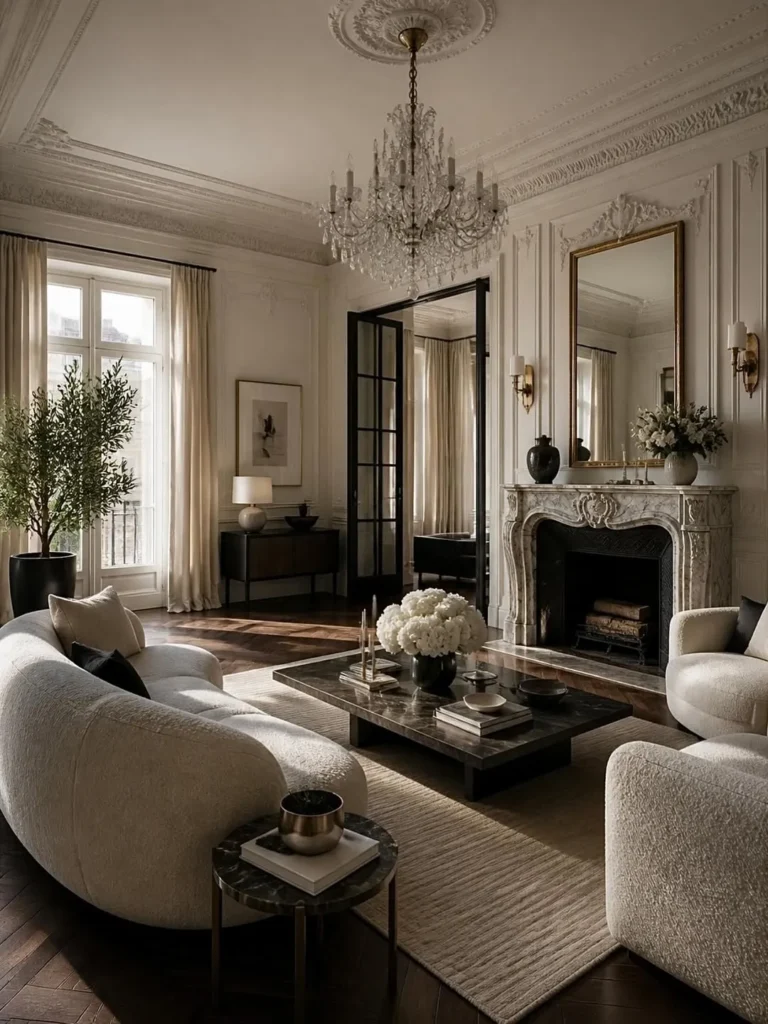 Parisian Living Room With Marble Fireplace Details