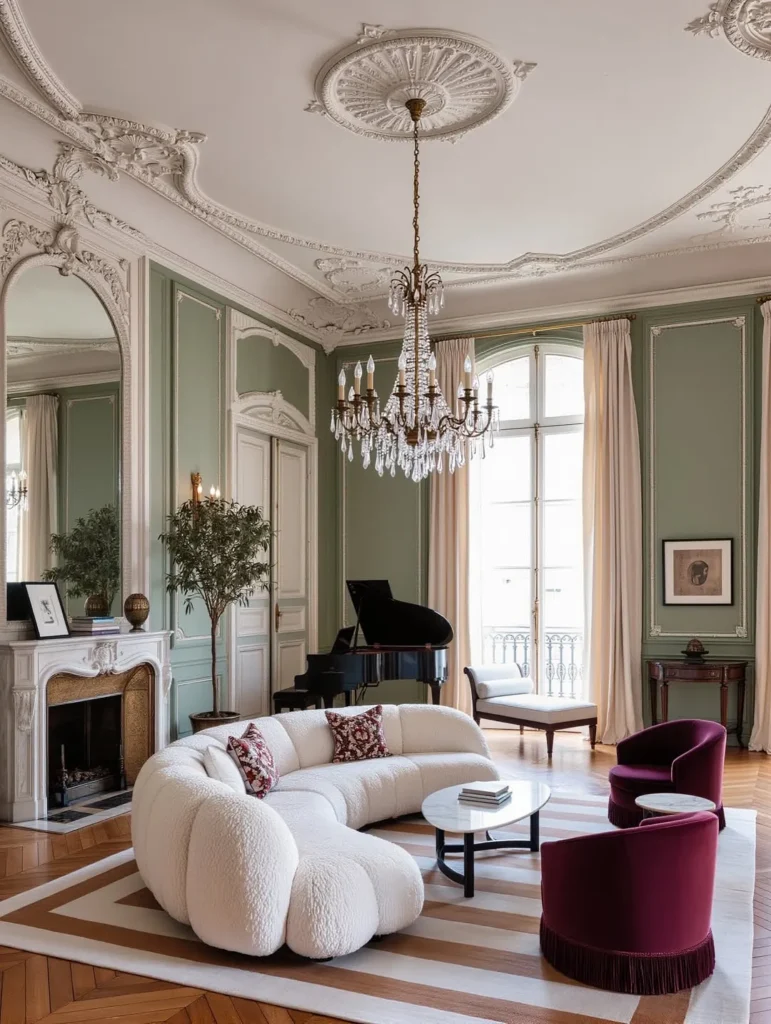 Parisian Style Living Room With Crystal Chandelier