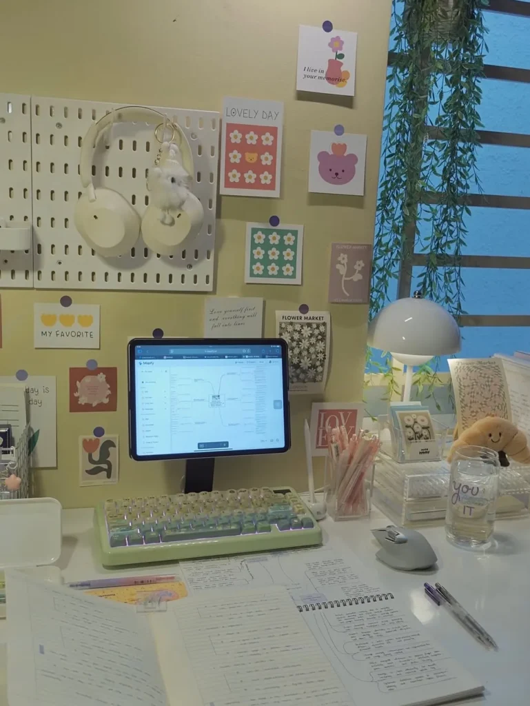 Pastel Study Corner With Pegboard Wall Decor