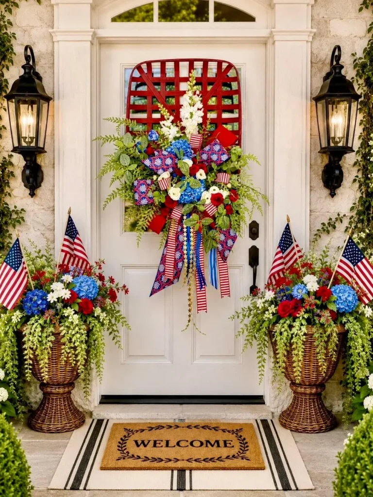 Patriotic Front Door Wreath With Garden Planters