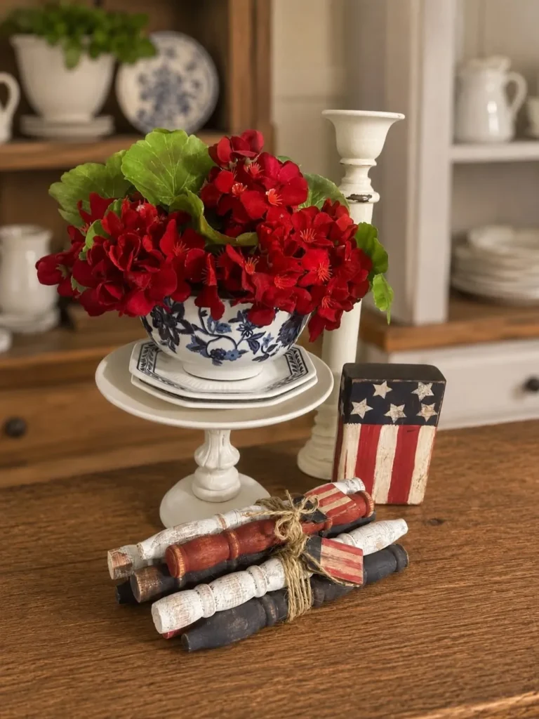 Patriotic Table Decor With Red Geraniums