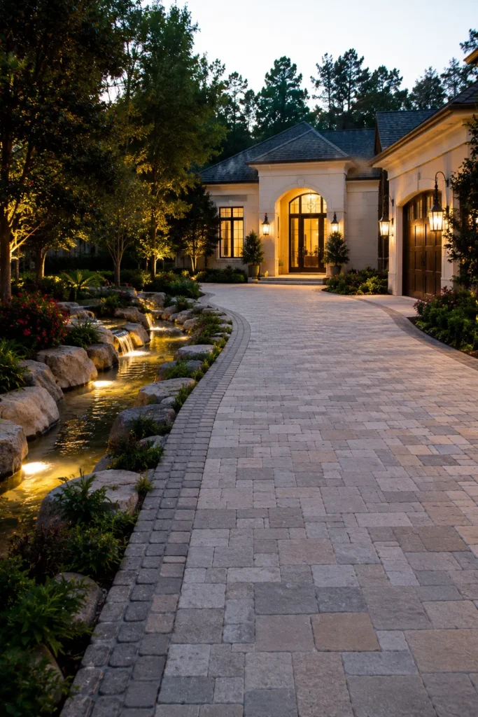 Paver Driveway With Water Feature and Garden Lights