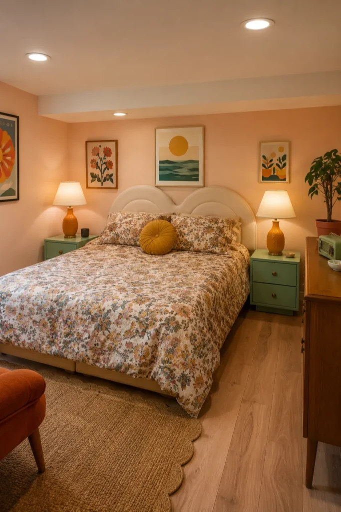 Peach-Toned Basement Bedroom With Vintage Flair