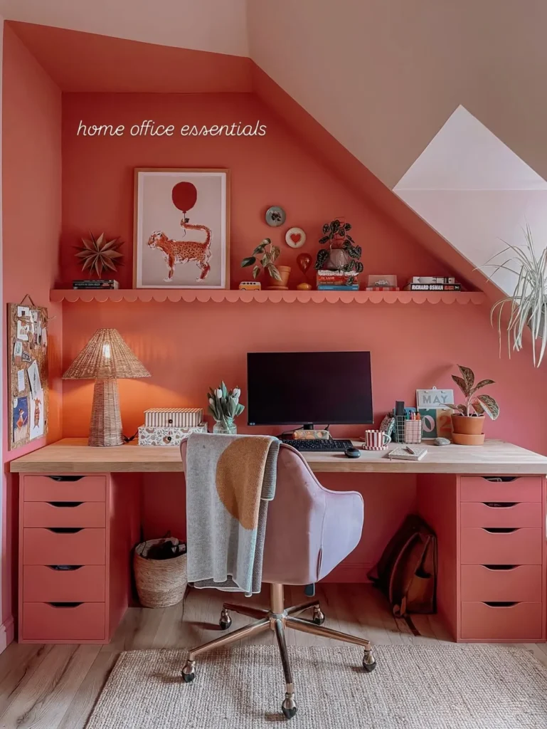 Pink Home Office With Playful Shelf Styling