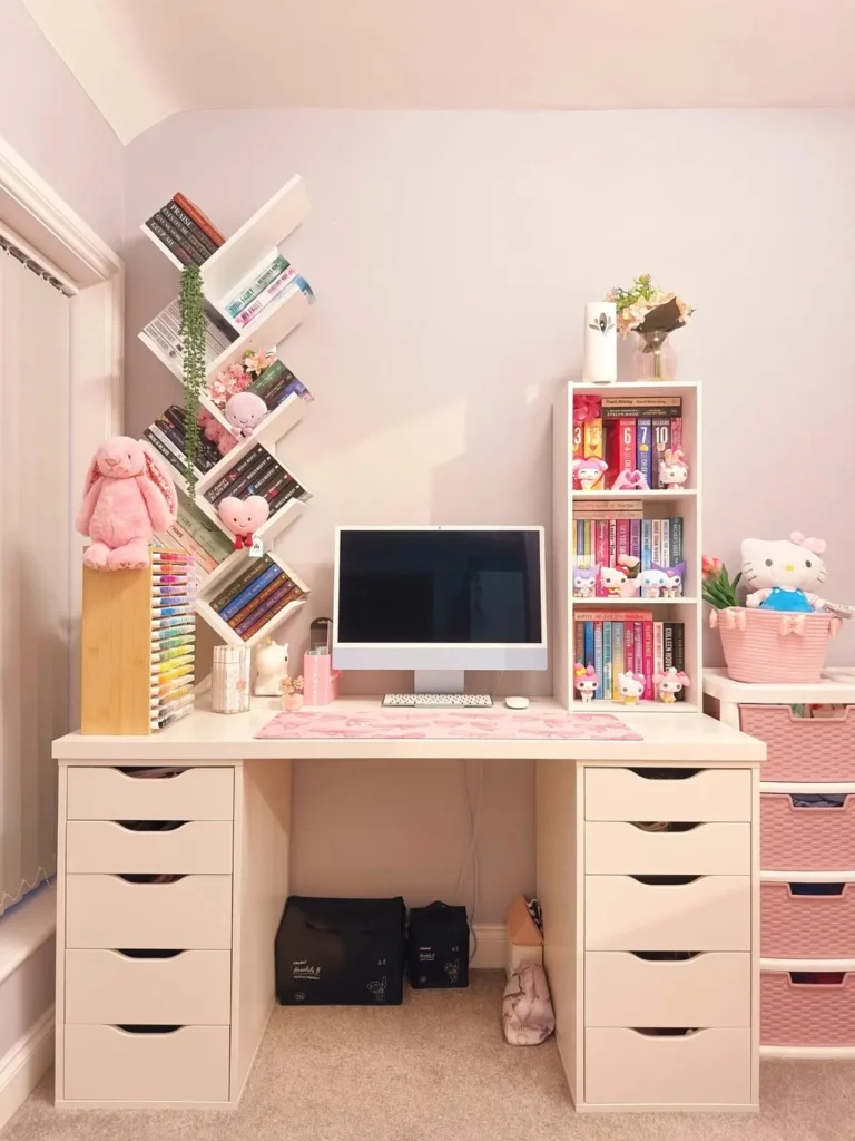 Pink Study Corner With Bookshelf Storage