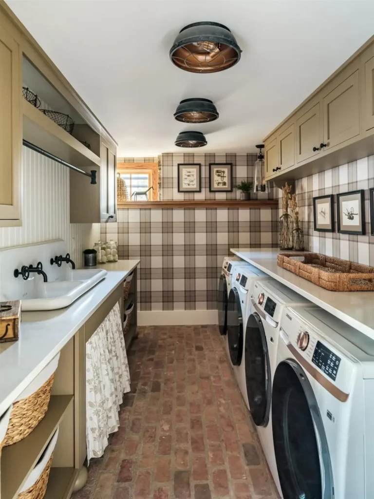 Plaid Farmhouse Laundry Room With Brick Flooring
