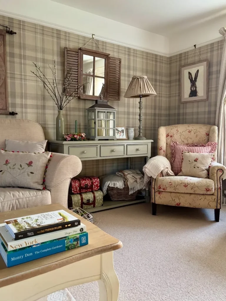 Plaid Wallpaper Reading Corner With Vintage Country Charm