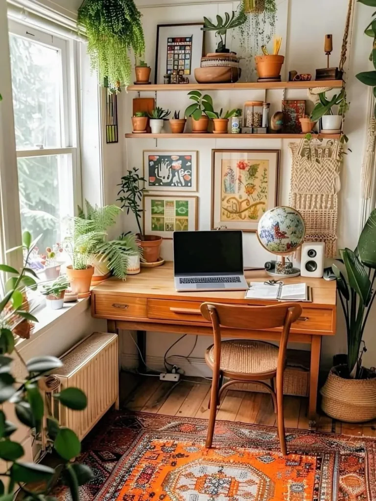 Plant-Filled Home Office Setup With Vintage Style