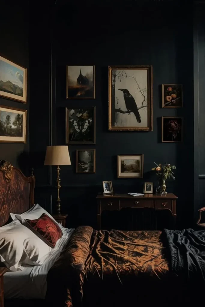 Raven-Inspired Bedroom With Moody Gallery Walls