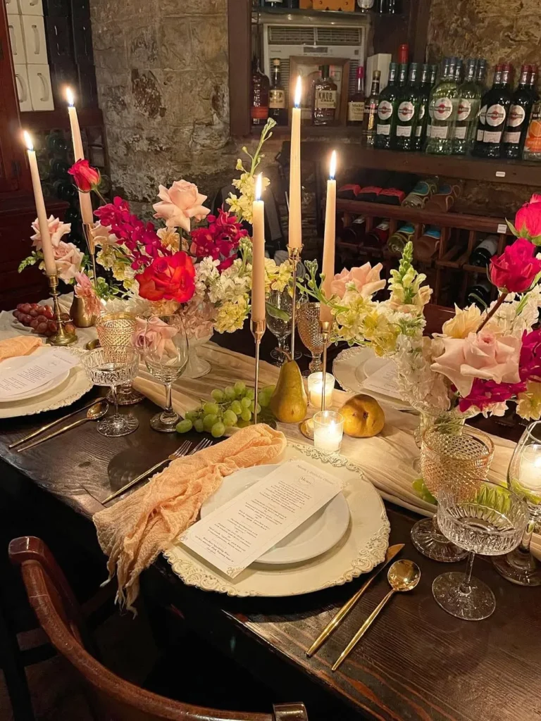 Romantic Fall Dinner Table With Candlelight and Garden Flowers