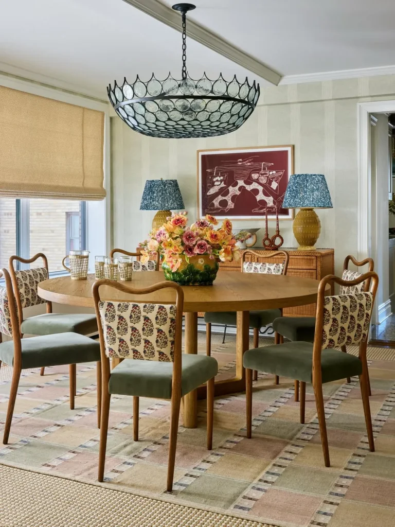 Round Dining Table With Patterned Accent Chairs