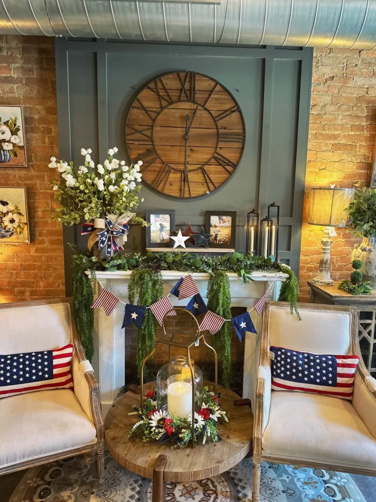 Rustic Americana Mantel With Vintage Flag Garland