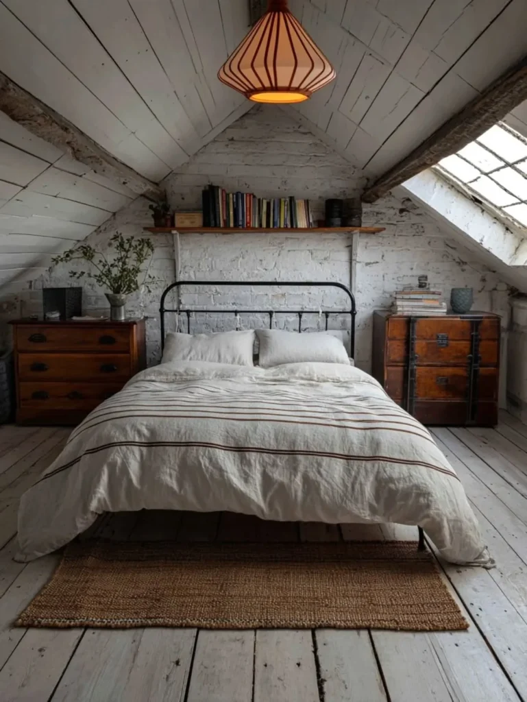 Rustic Attic Bedroom With White Brick Walls