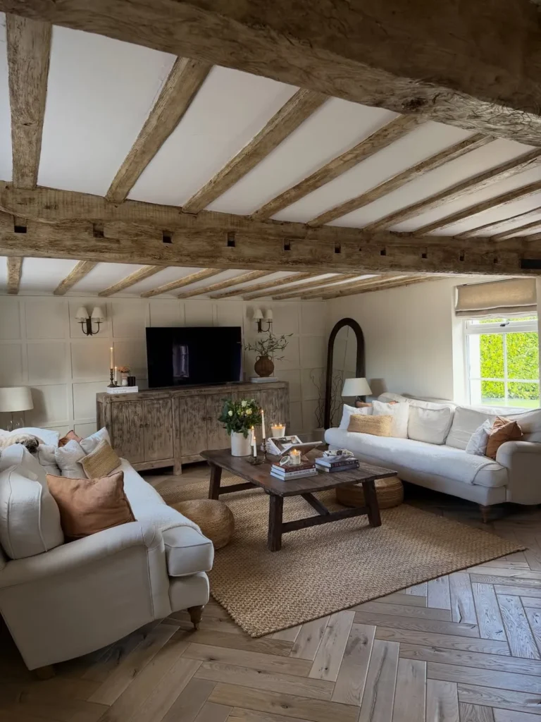 Rustic Beam Ceiling Living Room With Neutral Farmhouse Style