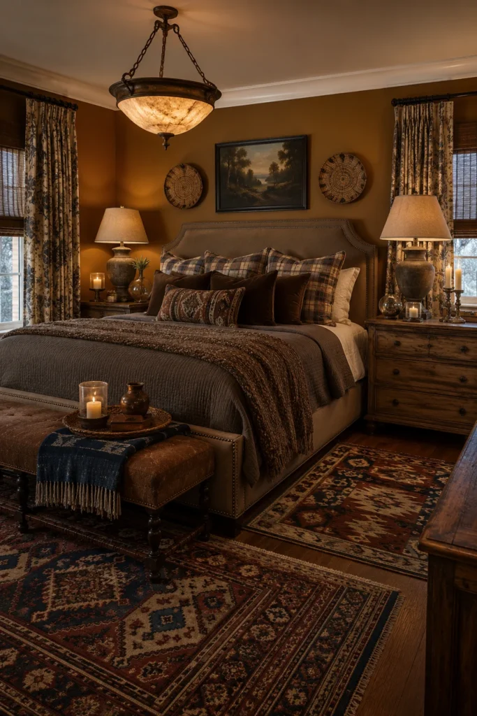 Rustic Bedroom With Rich Brown Tones and Patterned Textiles