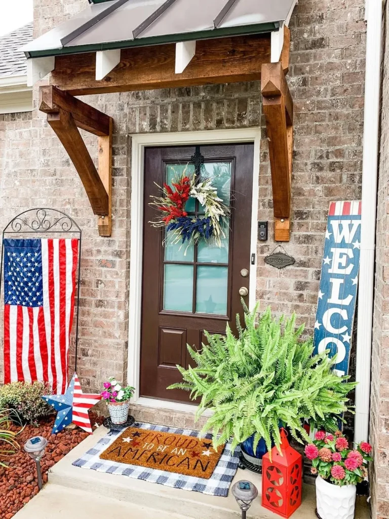 Rustic Brick Entry With Patriotic Wreath and Ferns