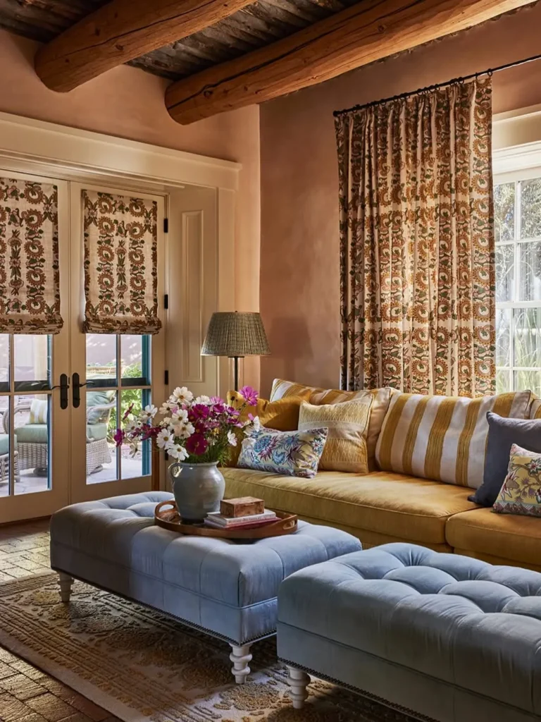 Rustic Family Room With Patterned Textiles and Wood Beams