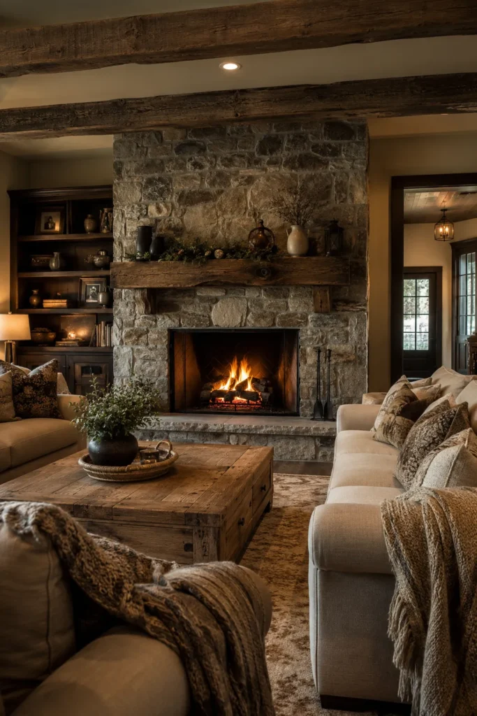 Rustic Family Room With Stone Fireplace Charm