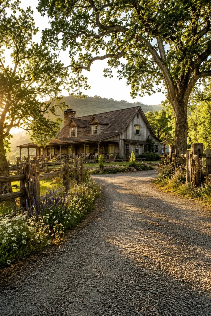 Rustic Farmhouse Driveway Framed by Oak Trees