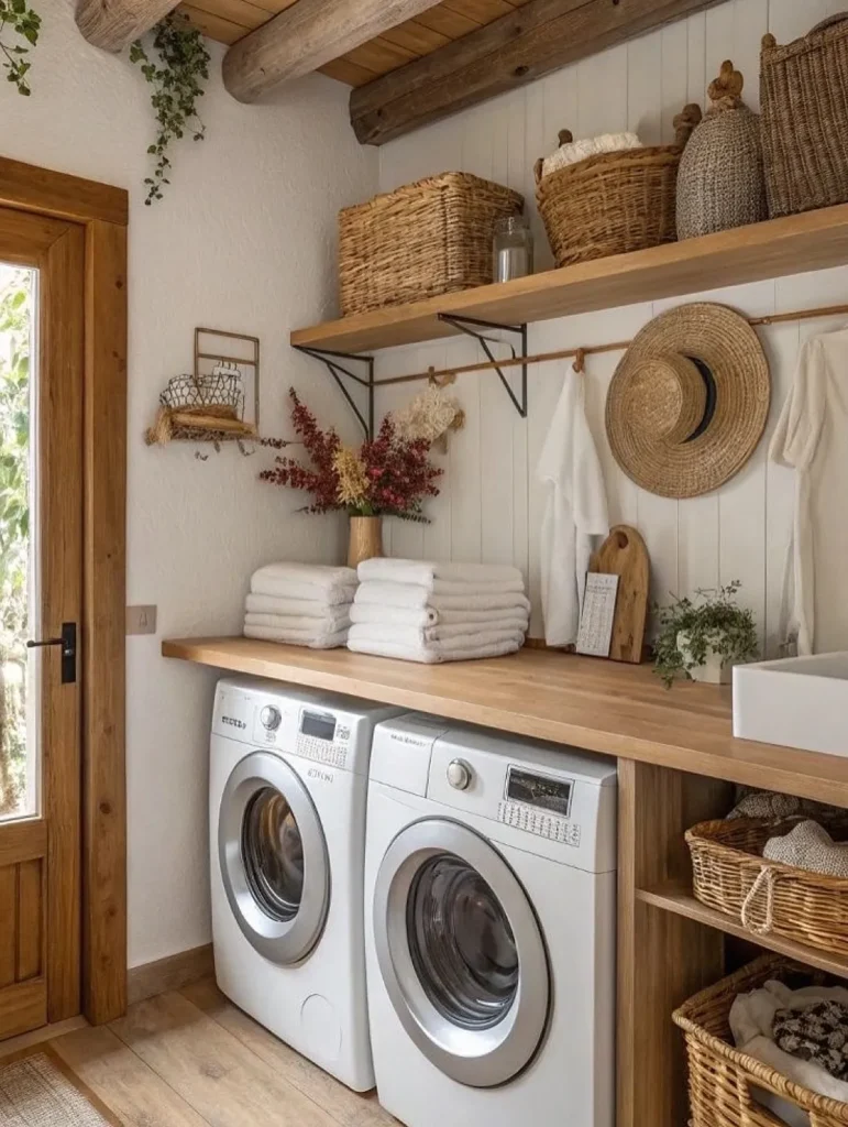 Rustic Farmhouse Laundry Room With Exposed Wood Beams