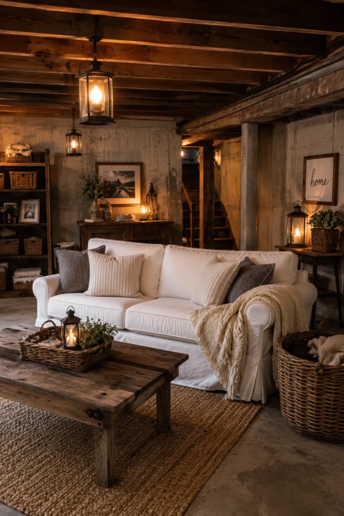 Rustic Farmhouse Seating Area in an Unfinished Basement