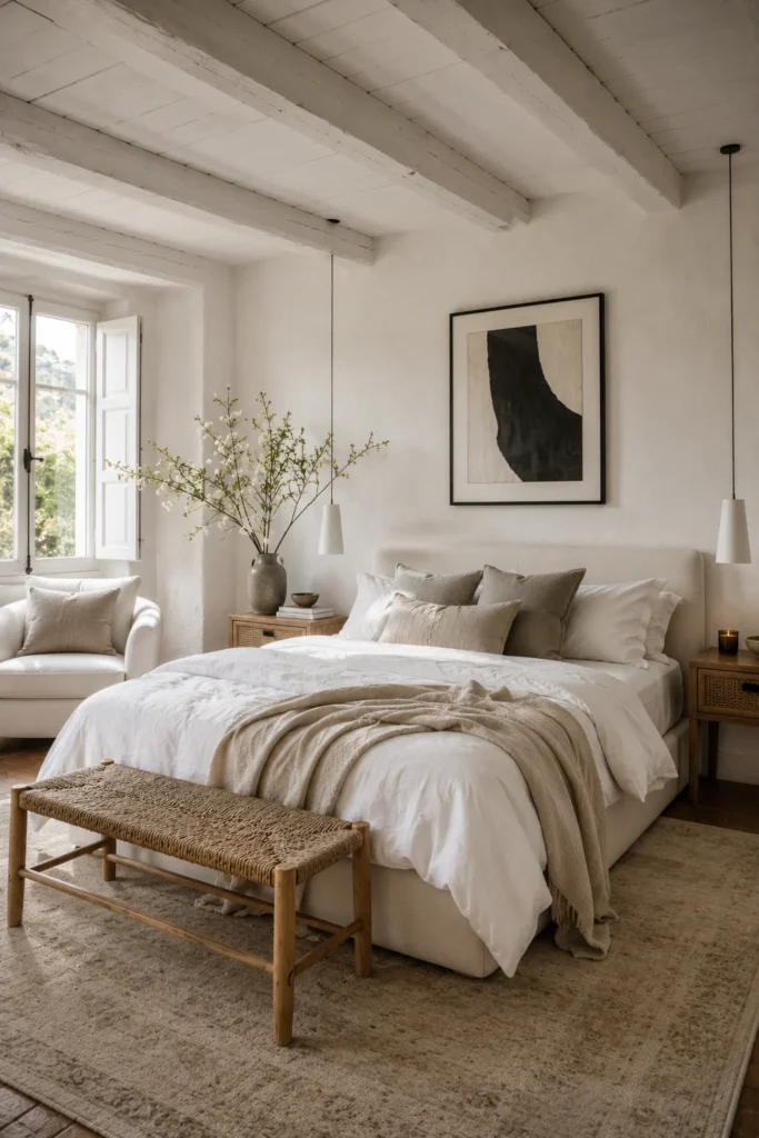 Rustic Neutral Bedroom With Whitewashed Wood Beams