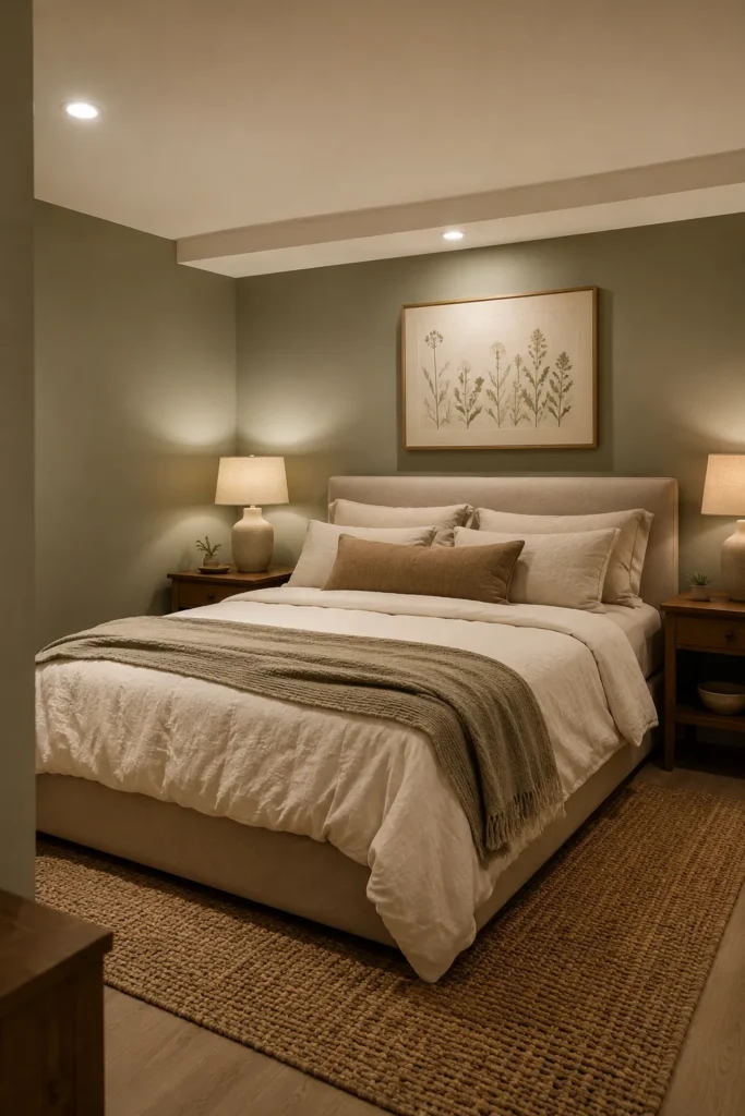 Sage Green Basement Bedroom With Soft Neutral Layers