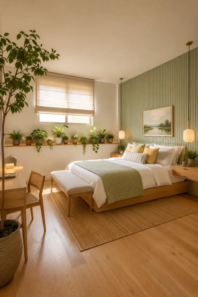 Sage Green Bedroom With Indoor Plant Shelf Wall
