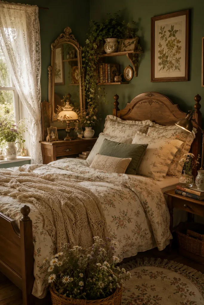Sage Green Cottage Bedroom With Floral Layers