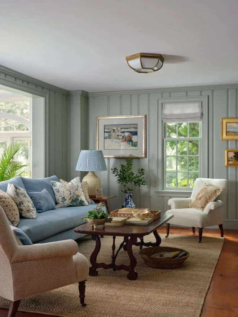 Sage Green Family Room Design With Traditional Touches