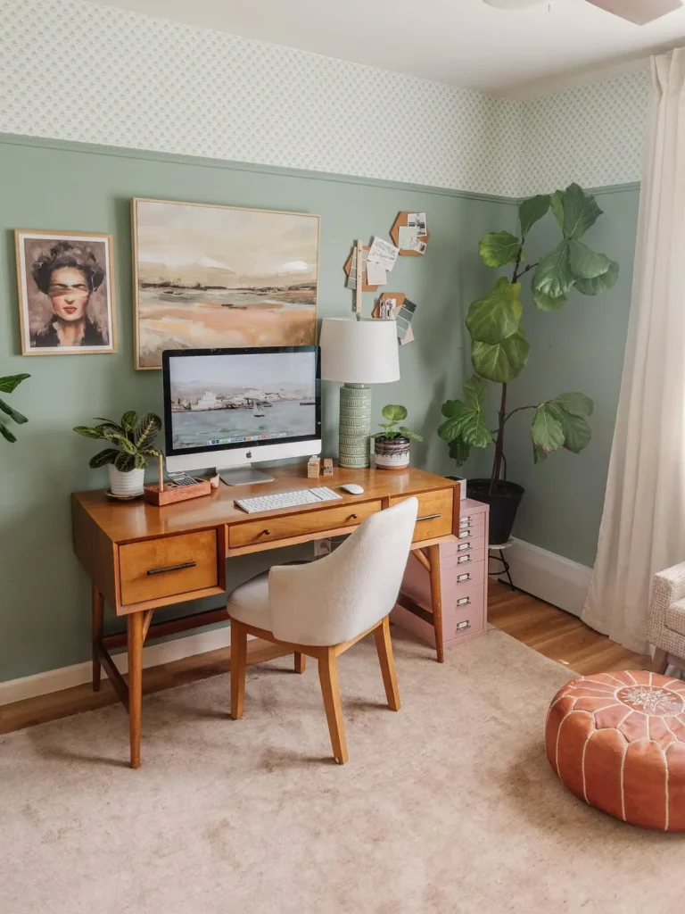 Sage Green Home Office Setup With Vintage Charm