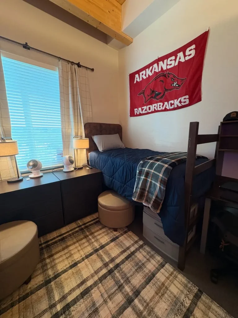 Simple Boys Dorm Room With Navy Bedding