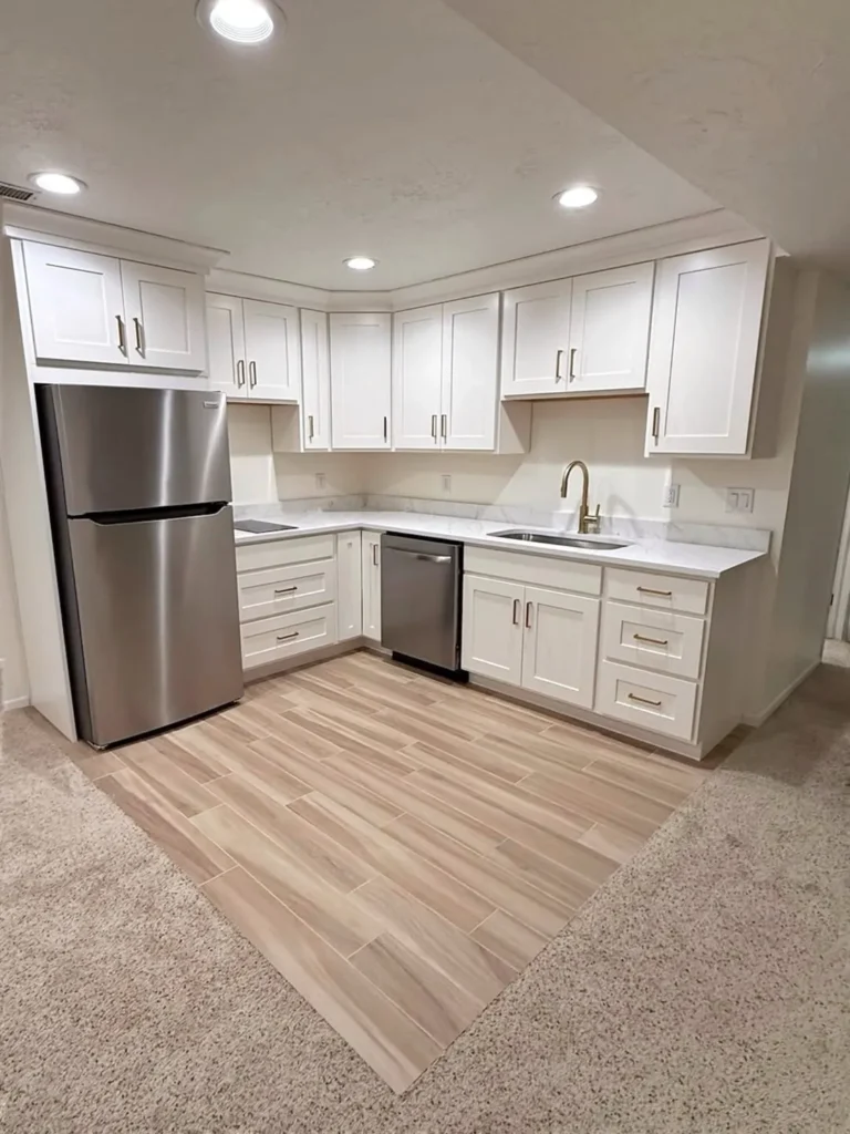 Small Basement Kitchenette With Dining Table Setup