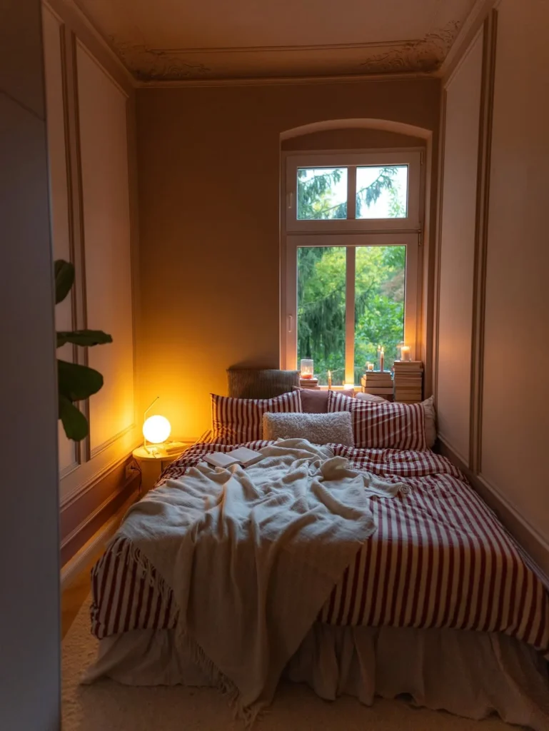 Small Cozy Bedroom With Striped Bedding Accents