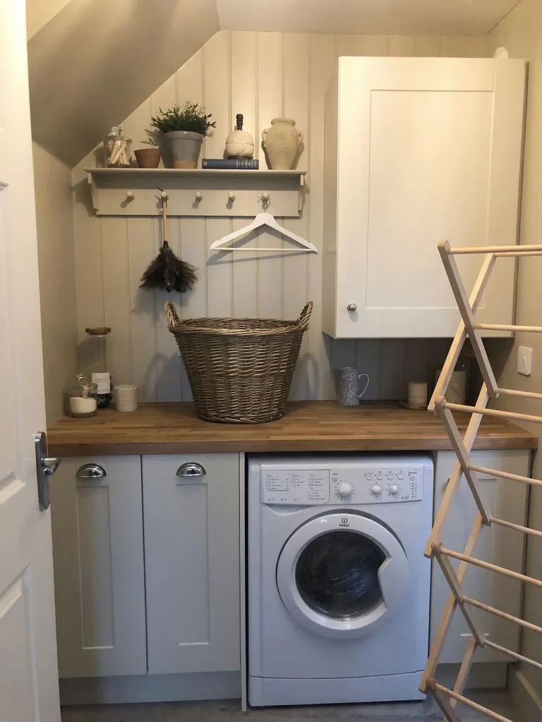 Small Farmhouse Laundry Nook With Rustic Wood Countertop