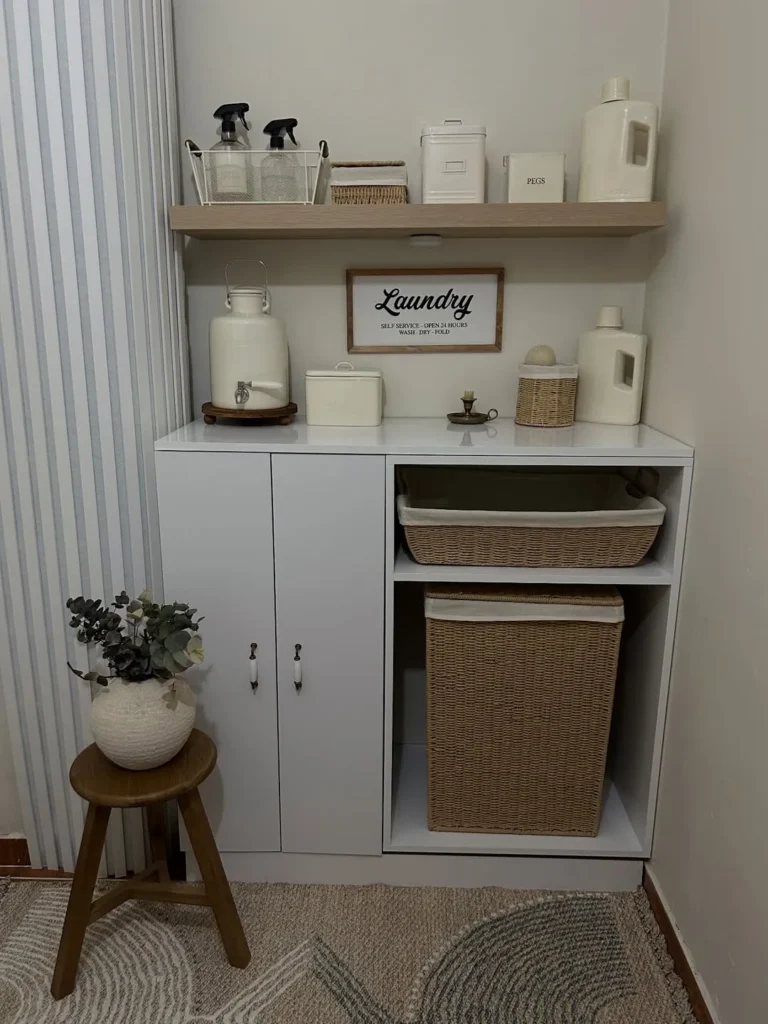 Small Laundry Room Organization With Woven Basket Storage