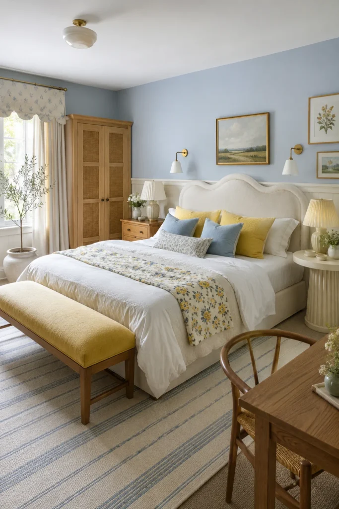 Soft Blue Bedroom With Light Wood Furnishings