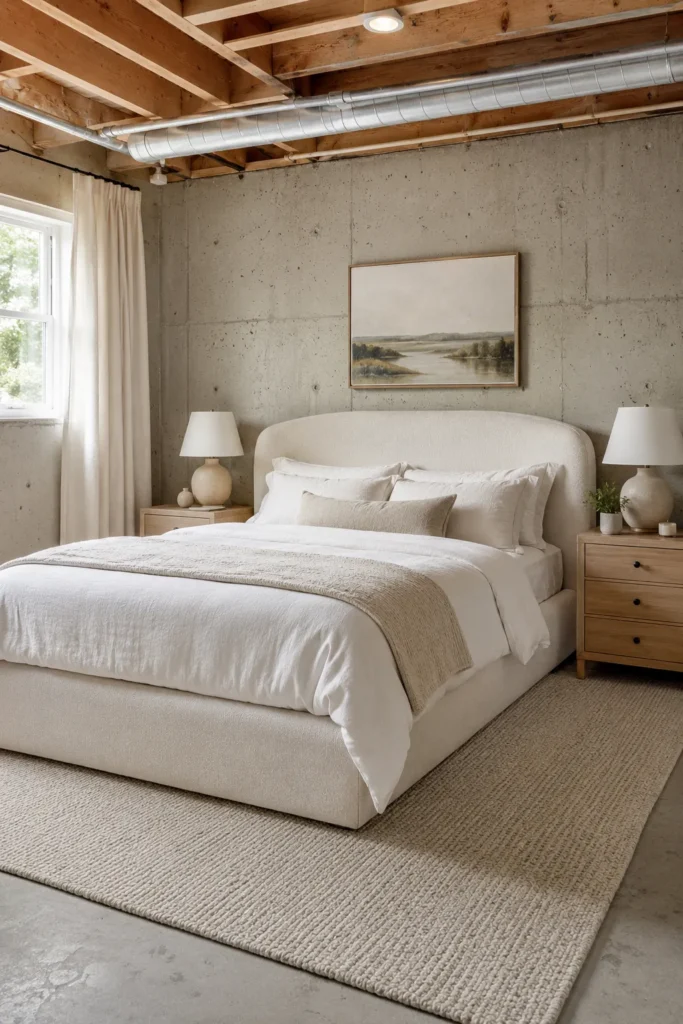 Soft Neutral Bedroom in an Unfinished Basement