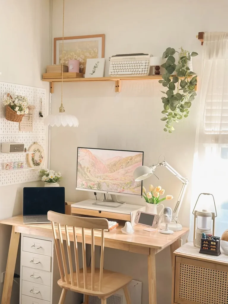 Soft Neutral Study Desk With Cottage Style Decor