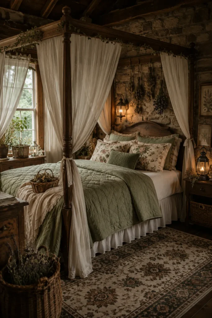 Stone Bedroom With Sage Green Bedding and Canopy Bed