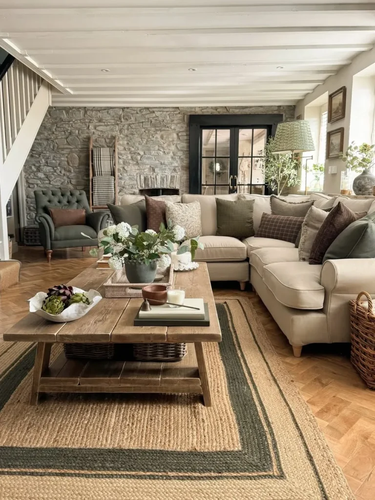 Stone Wall Cottage Living Room With Earthy Tones