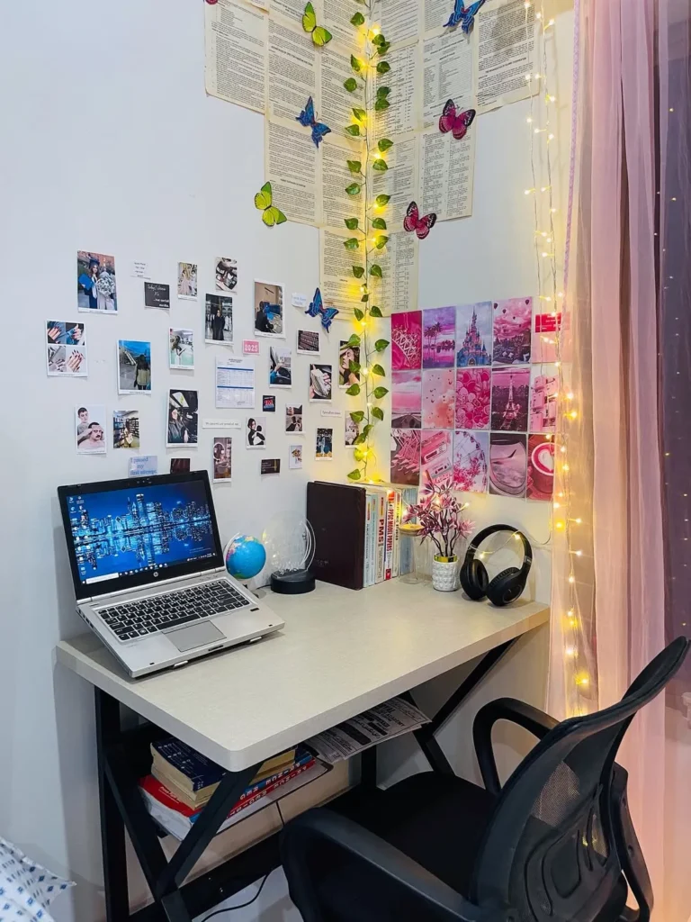Study Corner With Fairy Lights and Photo Wall