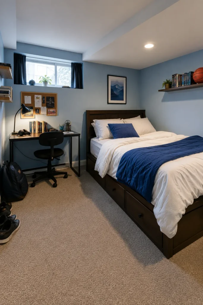 Teen Basement Bedroom With Study Space and Storage